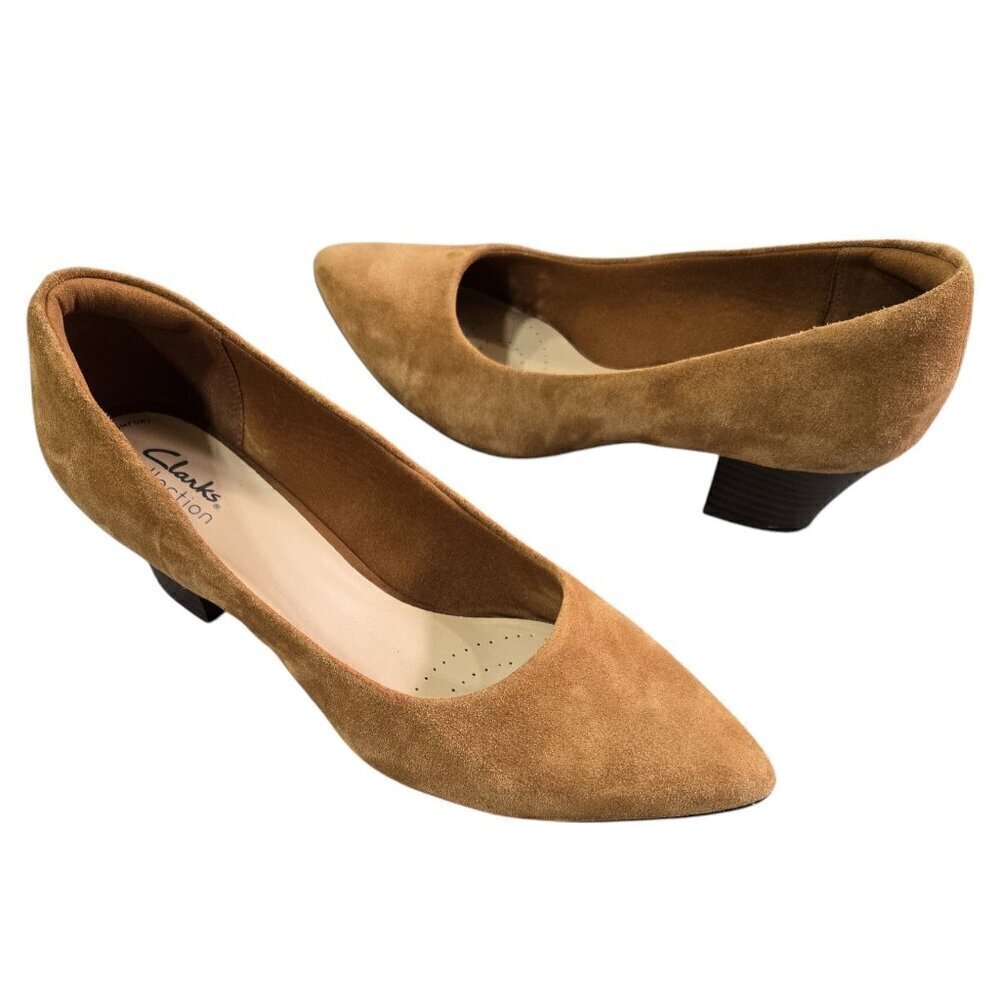 Clarks Teresa Step Tan Suede Leather Pointed Toe Pumps Ultimate Comfort Neutral